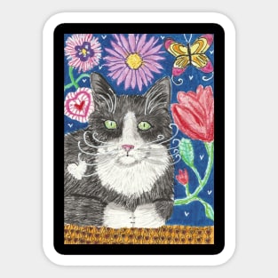 Tuxedo cat flowers Sticker